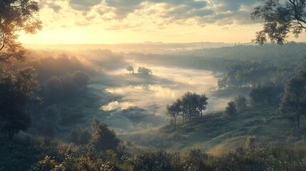 Smog Contamination Degradation, Misty Aerial View of Forested Landscape Obscured by Hazy Atmosphere