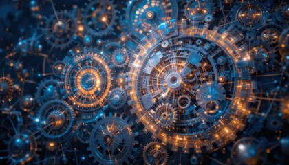 Fototapeta premium Mesmerizing Gear Background Intricate Machinery and Sparkling Blue Particles