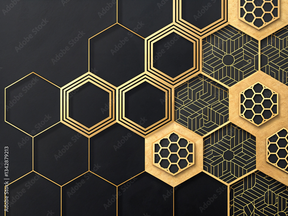 Poster abstract background with golden honeycombs . generative ai
