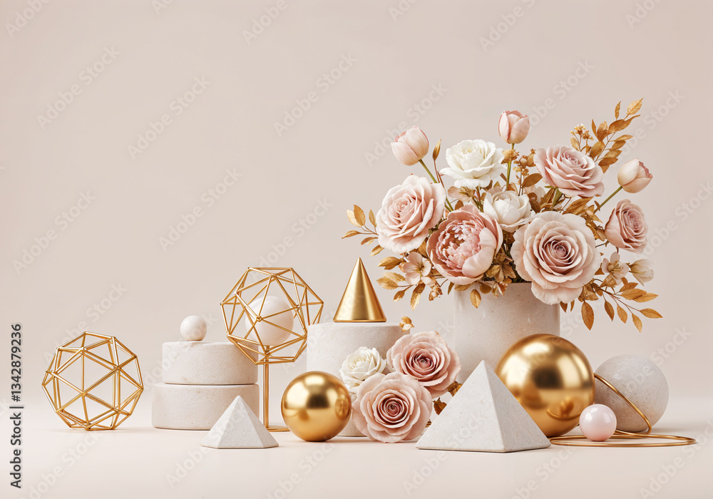 Poster natural abstract background with flowers and geometric shapes with space for text . generative ai