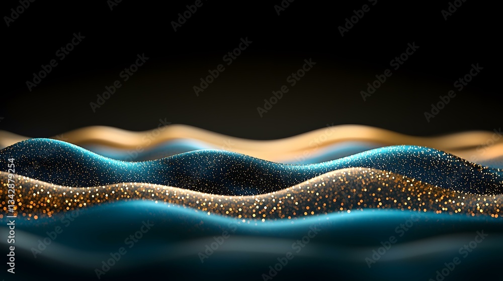 Poster the image shows undulating teal and gold surfaces that appear to be textured with glittering particl