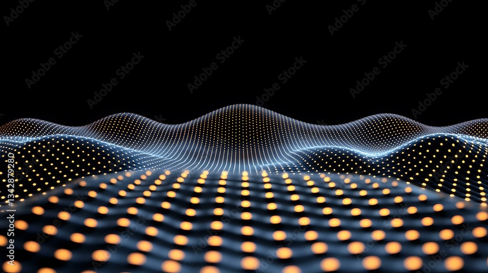 Poster the image shows a dark, undulating landscape composed of interconnected luminous points, with warm-t