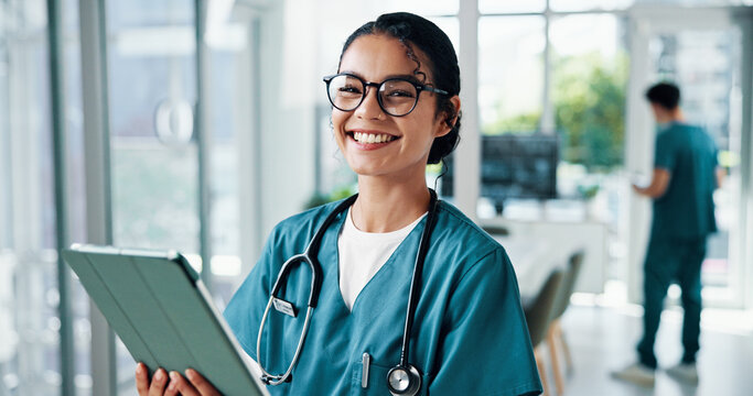 Nurse, woman and portrait with tablet in hospital for telehealth, online medical records or healthcare report. Medicine, doctor and happy with digital app for clinic schedule and health information