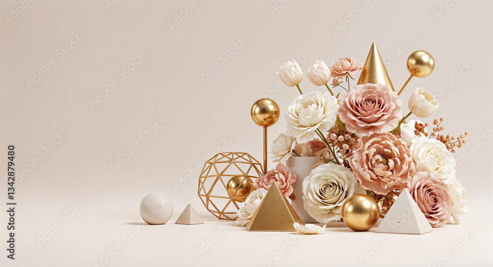 Poster natural abstract background with flowers and geometric shapes with space for text . generative ai