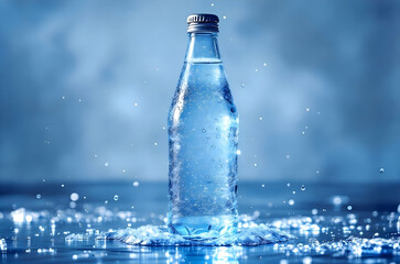 Refreshing Cold Sparkling Water Bottle with Ice and Droplets