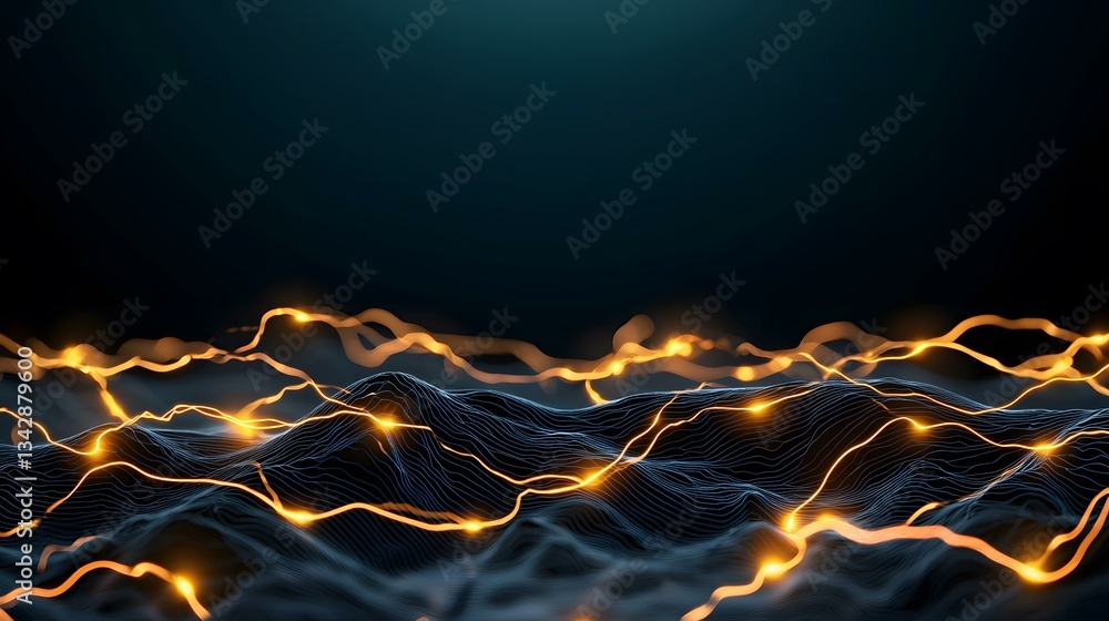 Poster the image shows a dark, abstract landscape with flowing, luminous orange lines traversing a textured