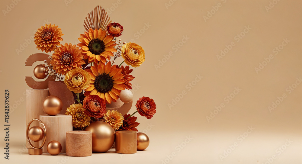 Poster natural abstract background with flowers and geometric shapes with space for text . generative ai