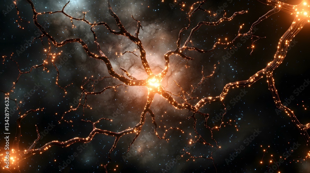 Poster a 3d rendering depicts a glowing, branching network resembling a neuron or cosmic structure, set aga