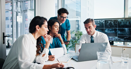 People, doctor and discussion with laptop for meeting, medical planning or procedure at hospital....
