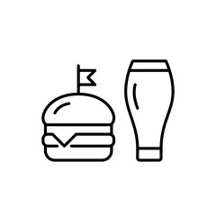 Tall beer glass for draught on tap and cheeseburger. Lunch or snacks at pub. Restaurant bar menu. Pixel perfect, editable stroke vector icon