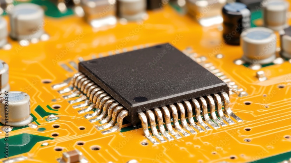 Poster close-up of microchip on circuit board with yellow background