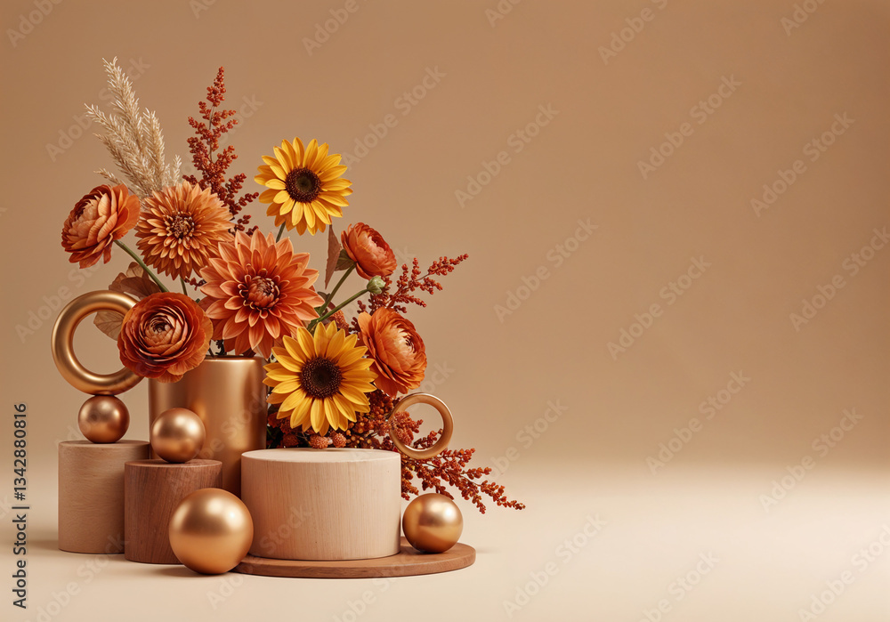 Poster natural abstract background with flowers and geometric shapes with space for text . generative ai