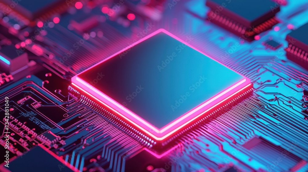 Poster abstract close-up of a neon circuit board with glowing microchip