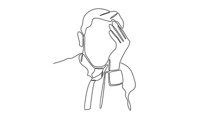 Continuous line of overworked employee is under stress with headache