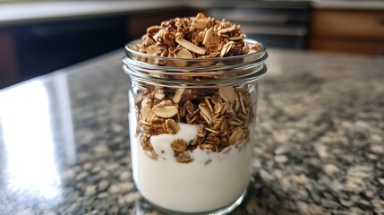 A jar filled with granola and yogurt