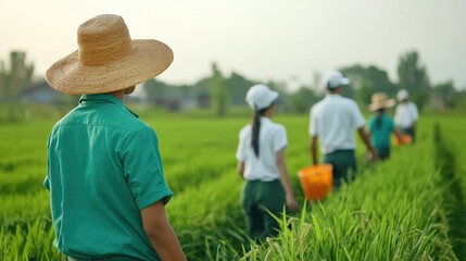 Agricultural Workers Harvesting Rice in Lush Green Field