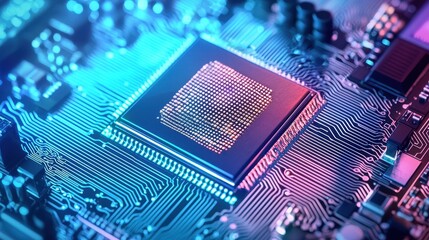 Close-up of Microchip Circuit Board with Neon Light Effects