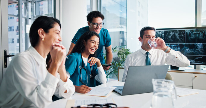 Happy people, doctor and laughing with laptop for video call, conference or virtual meeting at hospital. Group, healthcare employees or medical workers with smile on computer for funny discussion