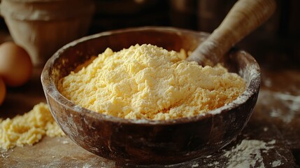 A warm, inviting scene unfolds: a rustic wooden surface adorned with mounds of golden flour, a crackle of eggs nestled in a bowl, and a rolling pin, its surface dusted with flour, ready to transform