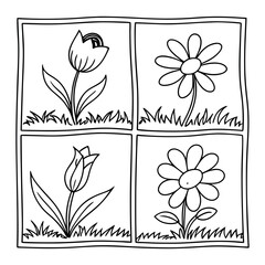 Black and white line drawing square containing a simple flower and plants design.