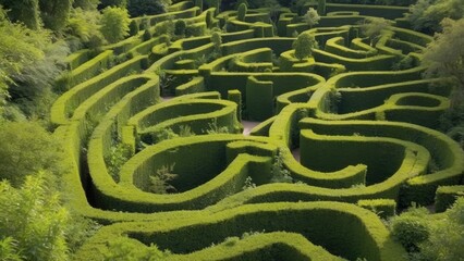 Naklejka premium Aerial view of a lush green hedge maze featuring intricate,