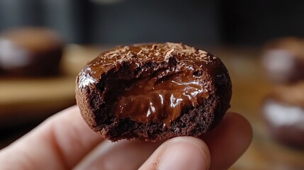 Close-up of hand holding half-eaten chocolate cupcake with chocolate filling. Perfect for blog posts about desserts, sweets, or chocolate recipes.