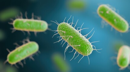 Naklejka premium Green Bacteria with Hairlike Projections in Microbiology Background