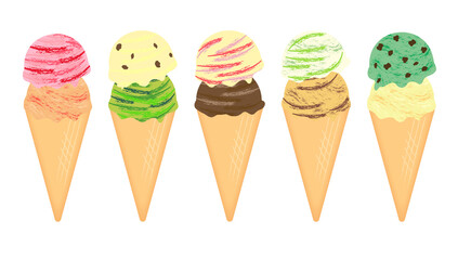 色々なアイスクリーム　セット　夏素材　png　いちご　オレンジ　抹茶　チョコ　バニラ　コーヒー