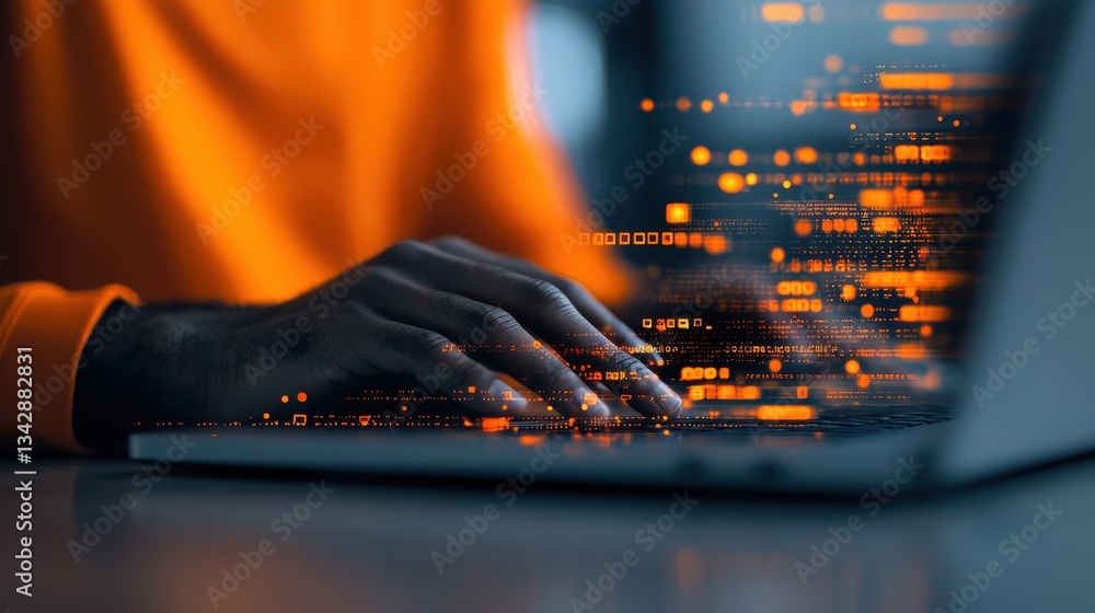 Aufkleber digital transformation in action with hands on laptop keyboard