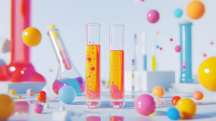 of glass test tubes filled with brightly colored chemicals, surrounded by laboratory tools like beakers and stirrers, with a white, clean backdrop 
