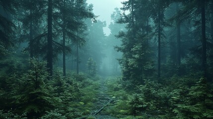 Smog Contamination Degradation, Misty Aerial View of Forested Landscape Obscured by Hazy Atmosphere
