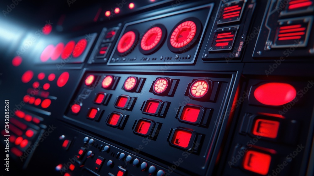 Poster futuristic control panel with red lights and buttons for technology