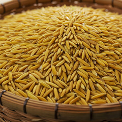 Obraz premium A woven bamboo basket filled with golden rice grains.