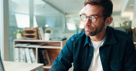 Vision, thinking and creative man in office for problem solving, business decision and mindset. Planning, reflection and serious worker with inspiration, idea and editor brainstorming in startup