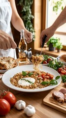 Person enjoying a delicious meal while family bonds over a fusion recipe creating special moments together