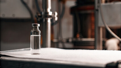 Close-up of a single measles vaccine vial on a clean, sterile surface with medical equipment in the background. Healthcare, immunization, and medical research concepts.
