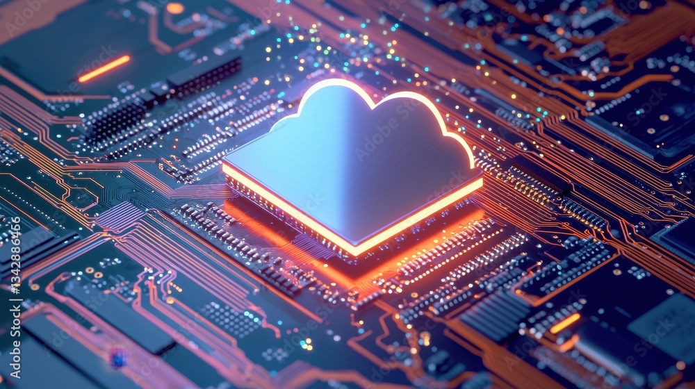 Aufkleber cloud computing concept with circuit board and bright lights