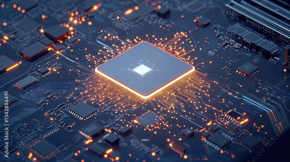 Poster futuristic circuit board with glowing processor and digital sparks