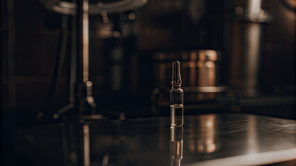 Close-up of a single measles vaccine vial on a clean, sterile surface with medical equipment in the background. Healthcare, immunization, and medical research concepts.