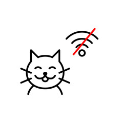 Happy cat and no wi-fi symbol. Pet tracking offline, signal lost, location unavailable. Pixel perfect, editable stroke vector icon