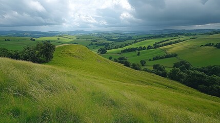 Fototapeta premium Rolling green hills under a dramatic sky offering a serene and expansive view of the countryside with fields and distant mountain ridges