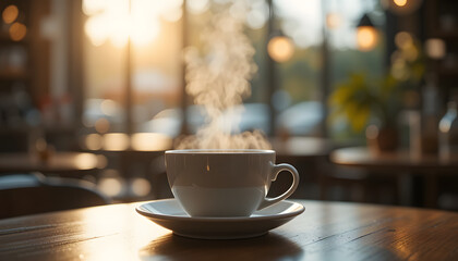 Professional portrait of a cup of coffee in a cafe with morning light bokeh from a window generative ai