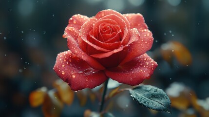 A Single Red Rose, Dew-Kissed in the Rain