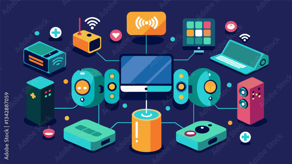 Poster an entertainment hub with various iot devices such as speakers tvs and gaming consoles that all work