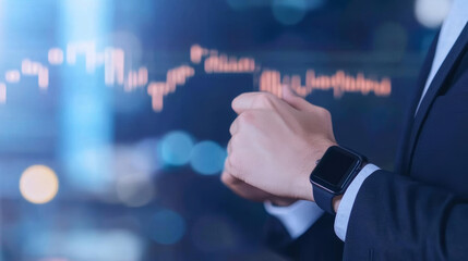 businessman checking smartwatch while analyzing data trends in modern setting