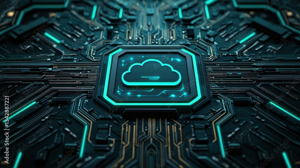 Poster futuristic cloud computing concept with neon circuit board design