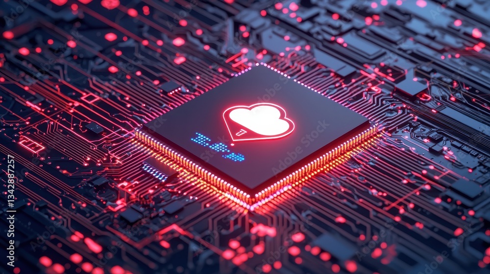 Poster heart icon on microchip surrounded by glowing red circuit board