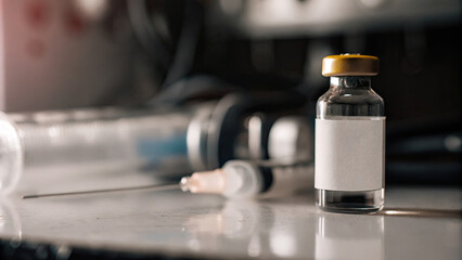 Close-up of a single measles vaccine vial on a clean, sterile surface with medical equipment in the background. Healthcare, immunization, and medical research concepts.