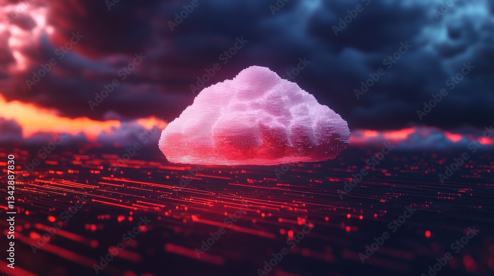 Poster digital cloud computing concept over electric data landscape view