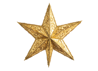 Brocaded gold Jewelry star isolated on cut out PNG or transparent background.
